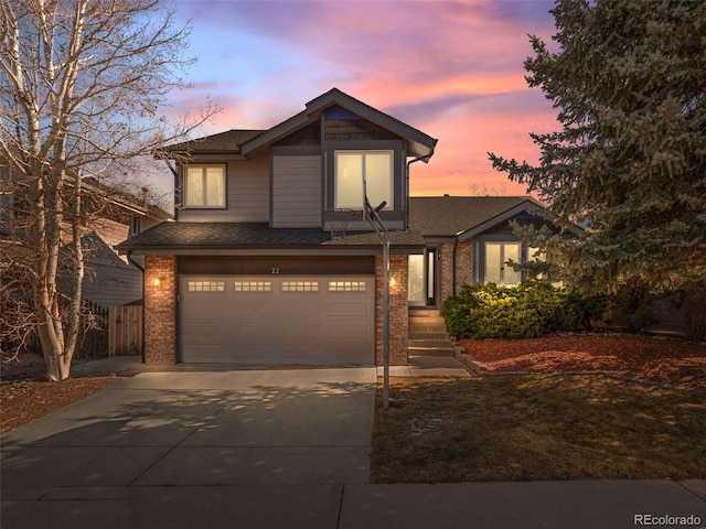 view of front of home featuring concrete driveway, brick siding, an attached garage, and a shingled roof