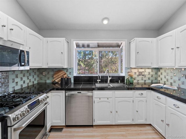 kitchen featuring decorative backsplash, appliances with stainless steel finishes, white cabinets, and a sink