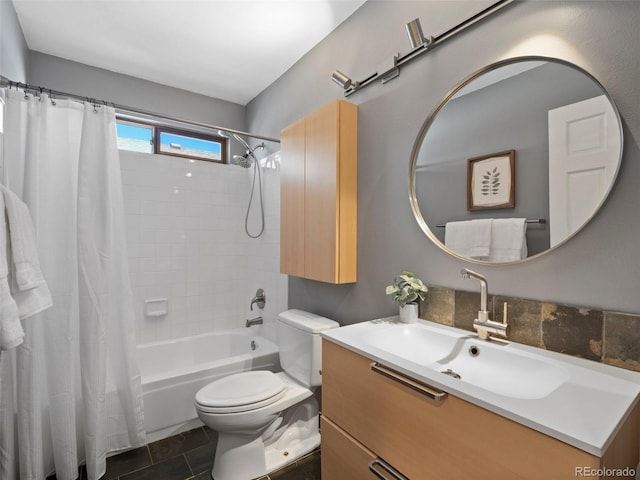 full bath with shower / bath combination with curtain, vanity, toilet, and tile patterned floors