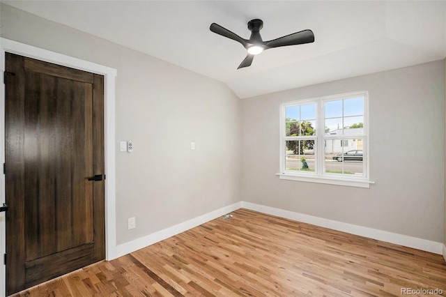 5100 Clay St, Denver, CO 80221 - empty room featuring baseboards, lofted ceiling, wood finished floors, and a ceiling fan