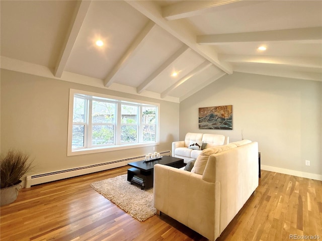 living room with lofted ceiling with beams, light wood-type flooring, and a baseboard heating unit