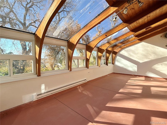 unfurnished sunroom featuring lofted ceiling with beams, wood ceiling, and a baseboard radiator