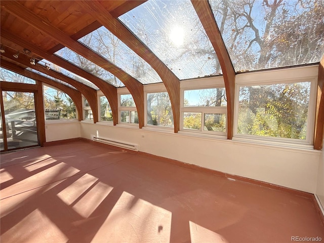 unfurnished sunroom featuring a healthy amount of sunlight, lofted ceiling with beams, and a baseboard radiator