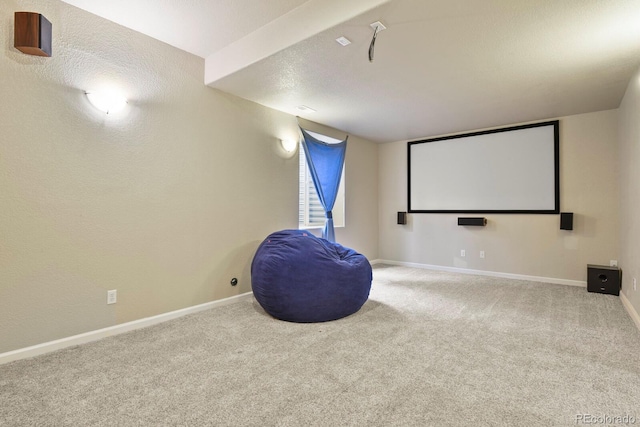 carpeted home theater room featuring a textured ceiling