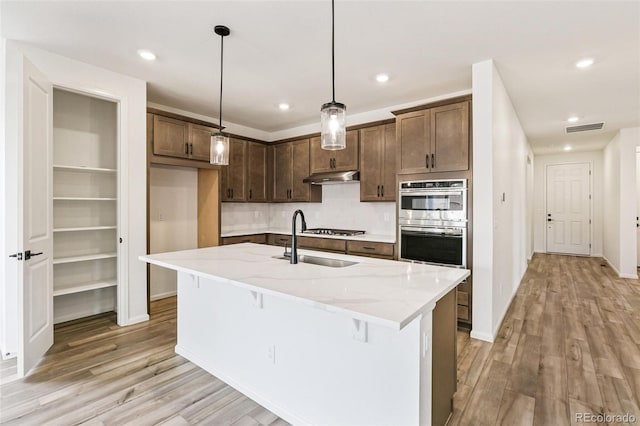 kitchen featuring hanging light fixtures, a kitchen island with sink, light stone countertops, light hardwood / wood-style floors, and sink