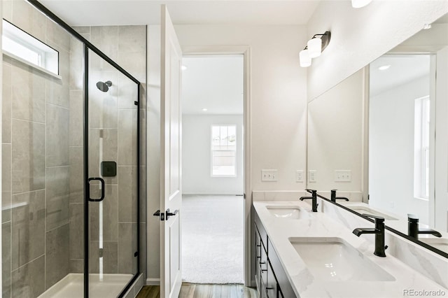 bathroom featuring vanity, wood-type flooring, and an enclosed shower