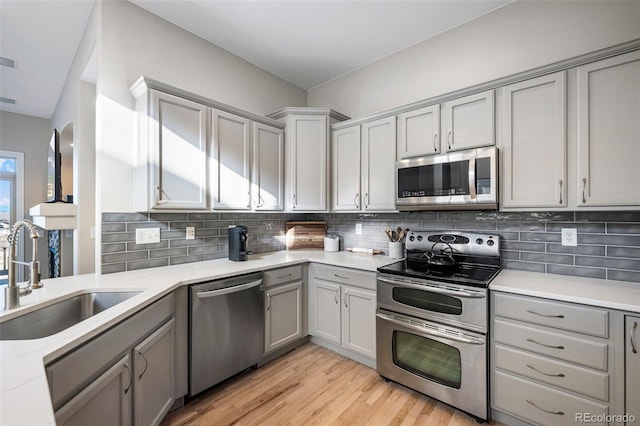 kitchen with tasteful backsplash, appliances with stainless steel finishes, gray cabinets, light wood-style floors, and a sink