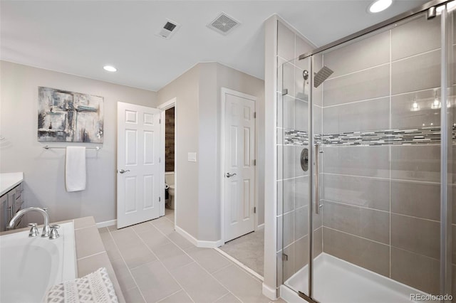 full bath featuring visible vents, a stall shower, vanity, and toilet