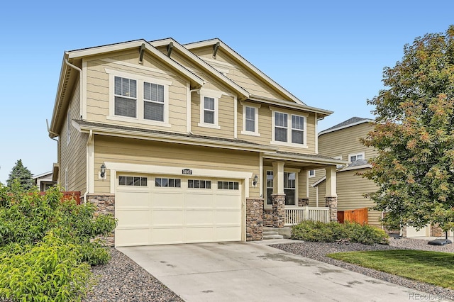 14067 Hudson St, Thornton, CO 80602 - craftsman-style house featuring a garage, stone siding, concrete driveway, and a porch