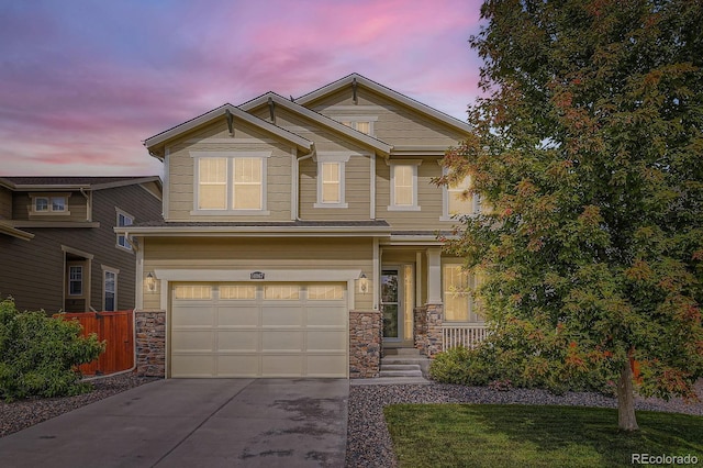 14067 Hudson St, Thornton, CO 80602 - craftsman-style home featuring a garage, stone siding, and driveway