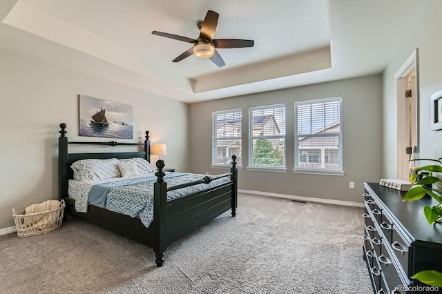 14067 Hudson St, Thornton, CO 80602 - bedroom with a tray ceiling, carpet, baseboards, and a ceiling fan