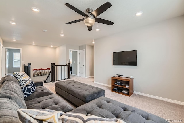 14067 Hudson St, Thornton, CO 80602 - living area featuring carpet flooring, recessed lighting, baseboards, and ceiling fan