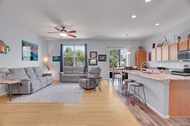 living room featuring light wood-type flooring, ceiling fan, and sink