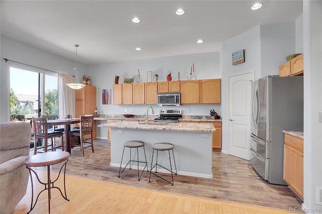 kitchen with hanging light fixtures, stainless steel appliances, light hardwood / wood-style floors, and an island with sink