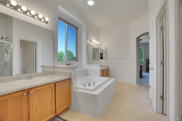 full bathroom featuring two vanities, a healthy amount of sunlight, a sink, and a bath