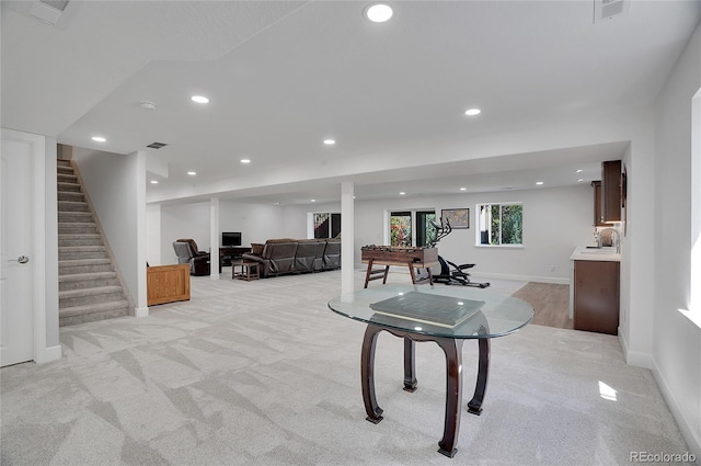 rec room featuring baseboards, light colored carpet, visible vents, and recessed lighting