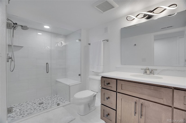 bathroom with tile patterned flooring, vanity, toilet, and a shower with shower door