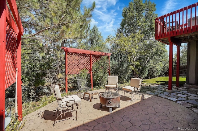 view of patio featuring a fire pit and a wooden deck