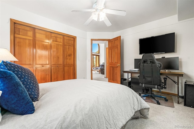 6252 King Dr, Evergreen, CO 80439 - carpeted bedroom with a closet, ceiling fan, and a desk