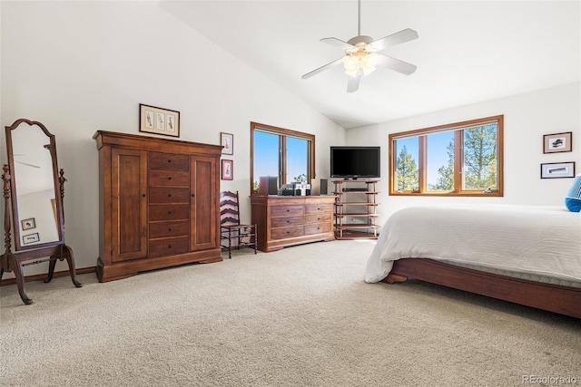 6252 King Dr, Evergreen, CO 80439 - bedroom featuring carpet floors, high vaulted ceiling, and ceiling fan