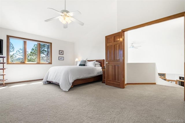 6252 King Dr, Evergreen, CO 80439 - bedroom with light carpet, high vaulted ceiling, a ceiling fan, and baseboards