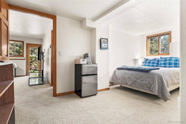 6252 King Dr, Evergreen, CO 80439 - bedroom featuring light carpet, freestanding refrigerator, multiple windows, and baseboards