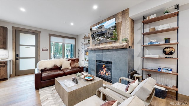 living room featuring a tile fireplace and light wood-type flooring