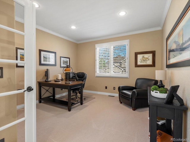 6266 W Prentice Ave, Littleton, CO 80123 - carpeted office space with baseboards, ornamental molding, visible vents, and recessed lighting