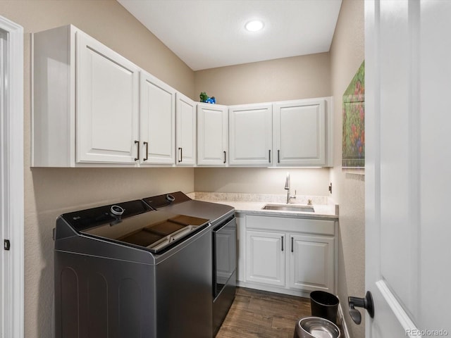 6266 W Prentice Ave, Littleton, CO 80123 - washroom with a sink, washer and clothes dryer, cabinet space, recessed lighting, and dark wood-style flooring