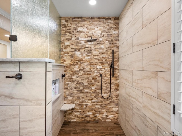 6266 W Prentice Ave, Littleton, CO 80123 - full bath with wood finished floors, tiled shower, and recessed lighting