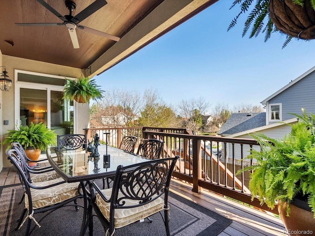 6266 W Prentice Ave, Littleton, CO 80123 - deck featuring ceiling fan and outdoor dining space