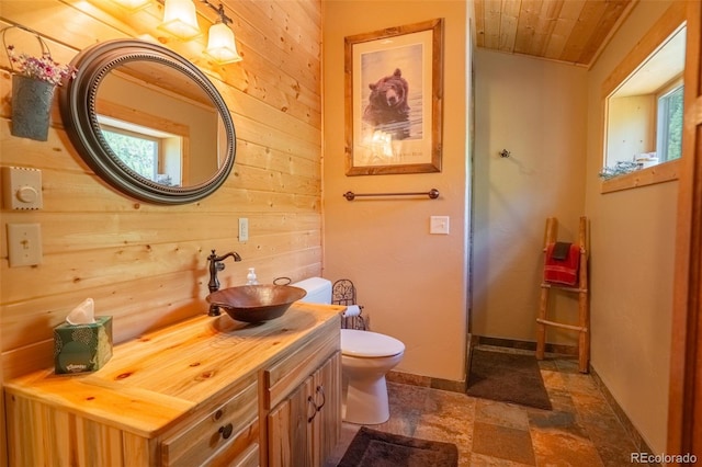 25879 County Road 162e, Nathrop, CO 81236 - bathroom with stone finish flooring, wooden walls, toilet, baseboards, and wooden ceiling