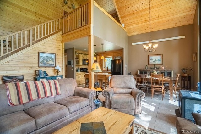 25879 County Road 162e, Nathrop, CO 81236 - living area featuring wooden ceiling, a chandelier, high vaulted ceiling, stairway, and wood walls