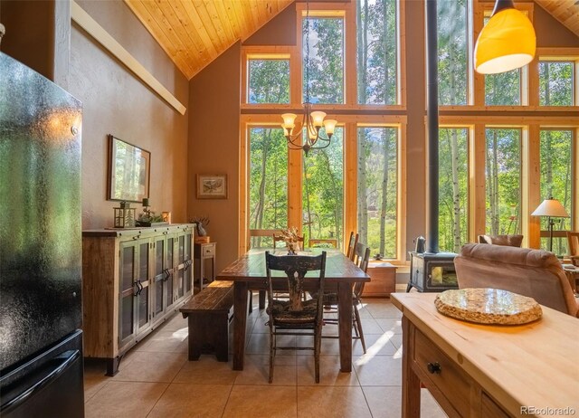 25879 County Road 162e, Nathrop, CO 81236 - dining room featuring high vaulted ceiling, a chandelier, light tile patterned floors, and wood ceiling