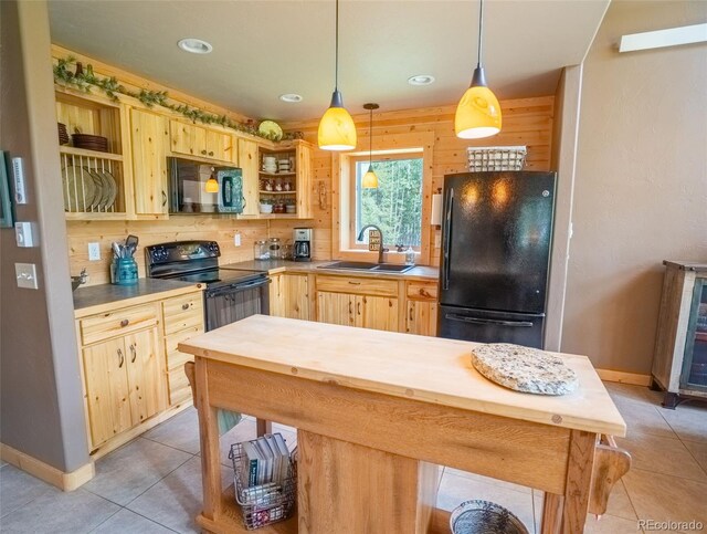 25879 County Road 162e, Nathrop, CO 81236 - kitchen with black appliances, a sink, open shelves, light brown cabinetry, and light tile patterned flooring