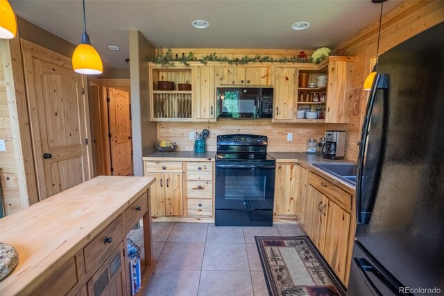 25879 County Road 162e, Nathrop, CO 81236 - kitchen featuring black appliances, open shelves, wood counters, wood walls, and light tile patterned flooring