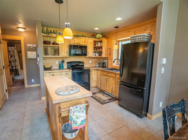 25879 County Road 162e, Nathrop, CO 81236 - kitchen featuring black appliances, open shelves, a sink, wood counters, and light tile patterned floors
