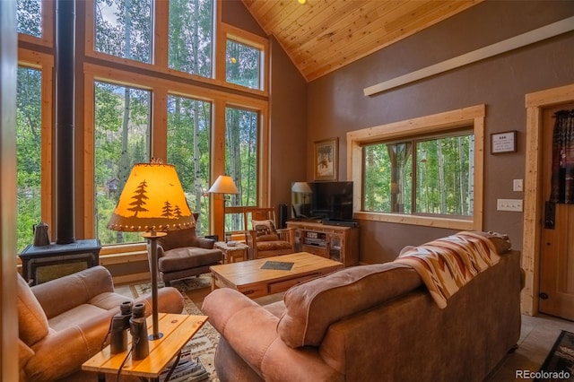 25879 County Road 162e, Nathrop, CO 81236 - tiled living area featuring high vaulted ceiling, wooden ceiling, and a wood stove