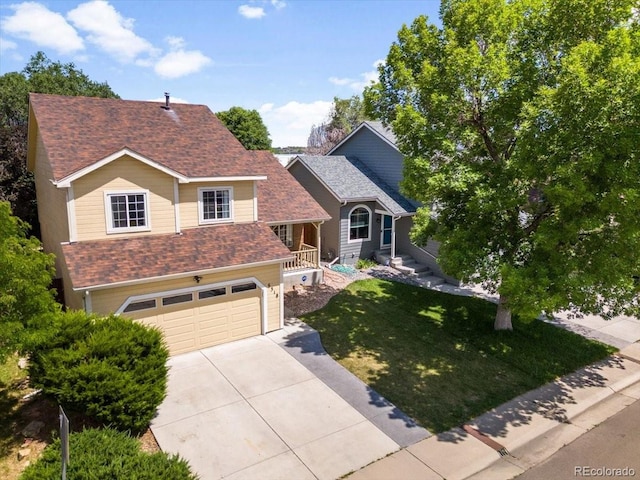 6318 Newton Ct, Arvada, CO 80003 - view of front of property with a garage, concrete driveway, a front yard, roof with shingles, and a porch
