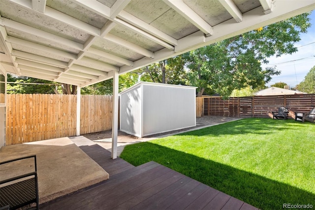 exterior space featuring a patio, a storage shed, and a yard