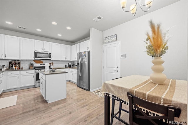 15503 W 65th Ave Unit C, Arvada, CO 80007 - kitchen featuring stainless steel appliances, backsplash, a center island, white cabinetry, and light wood-style floors