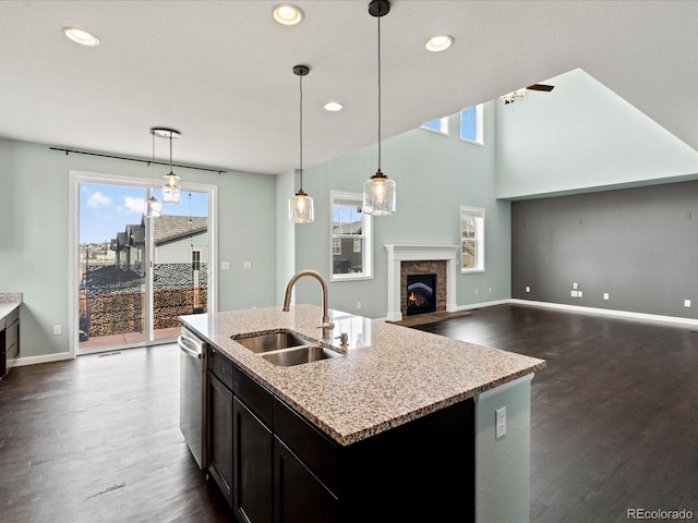 10730 Hillrose St, Parker, CO 80134 - kitchen featuring a sink, dishwasher, a ceiling fan, dark wood-style floors, and recessed lighting