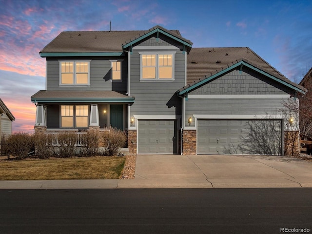 10730 Hillrose St, Parker, CO 80134 - craftsman house featuring concrete driveway, a garage, a porch, stone siding, and a tile roof