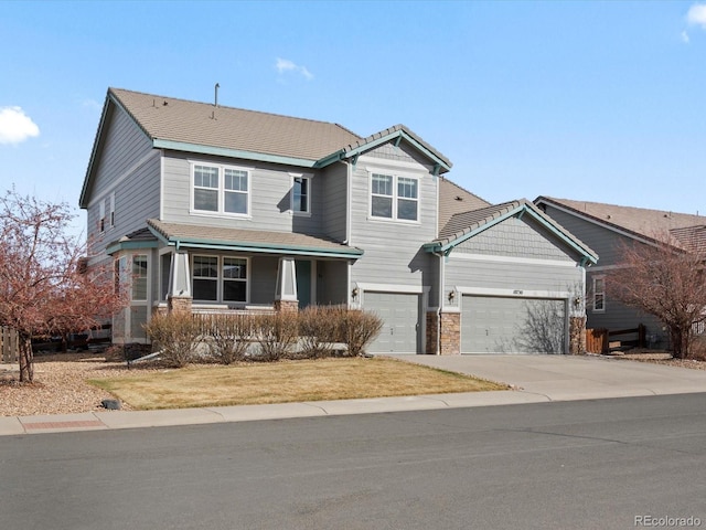 10730 Hillrose St, Parker, CO 80134 - craftsman inspired home featuring driveway, a porch, an attached garage, stone siding, and a front yard