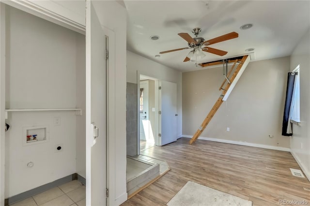 entrance foyer featuring ceiling fan and light hardwood / wood-style floors