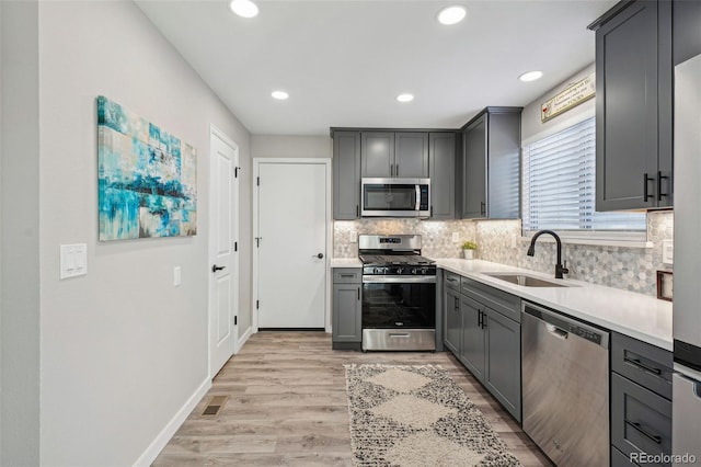 kitchen featuring tasteful backsplash, appliances with stainless steel finishes, sink, and gray cabinetry