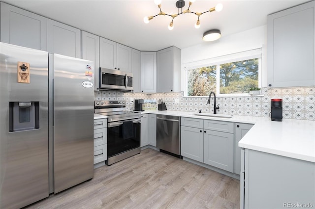 kitchen with tasteful backsplash, appliances with stainless steel finishes, light countertops, and a sink