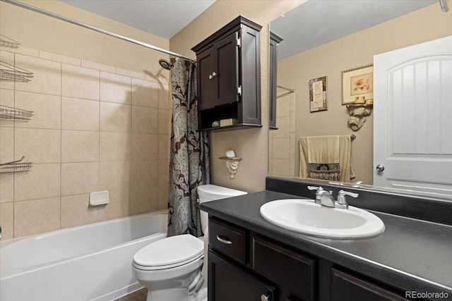 bathroom with toilet, shower / bathtub combination with curtain, and vanity