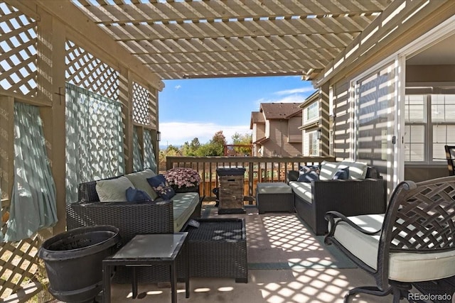 balcony featuring a pergola and an outdoor hangout area