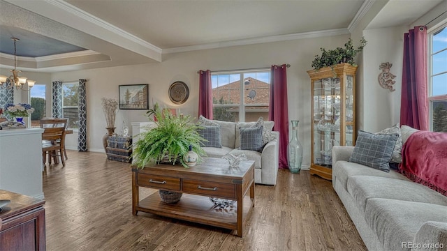 living area with crown molding, wood finished floors, a chandelier, and a wealth of natural light